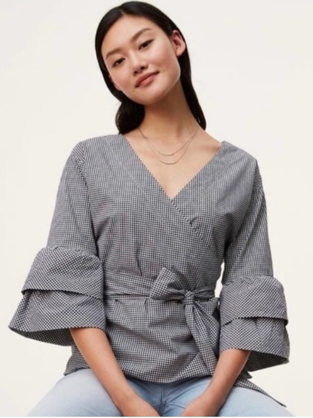 LOFT Gingham Wrap Blouse Top Medium Ruffle Sleeves Workwear Playful Flattering